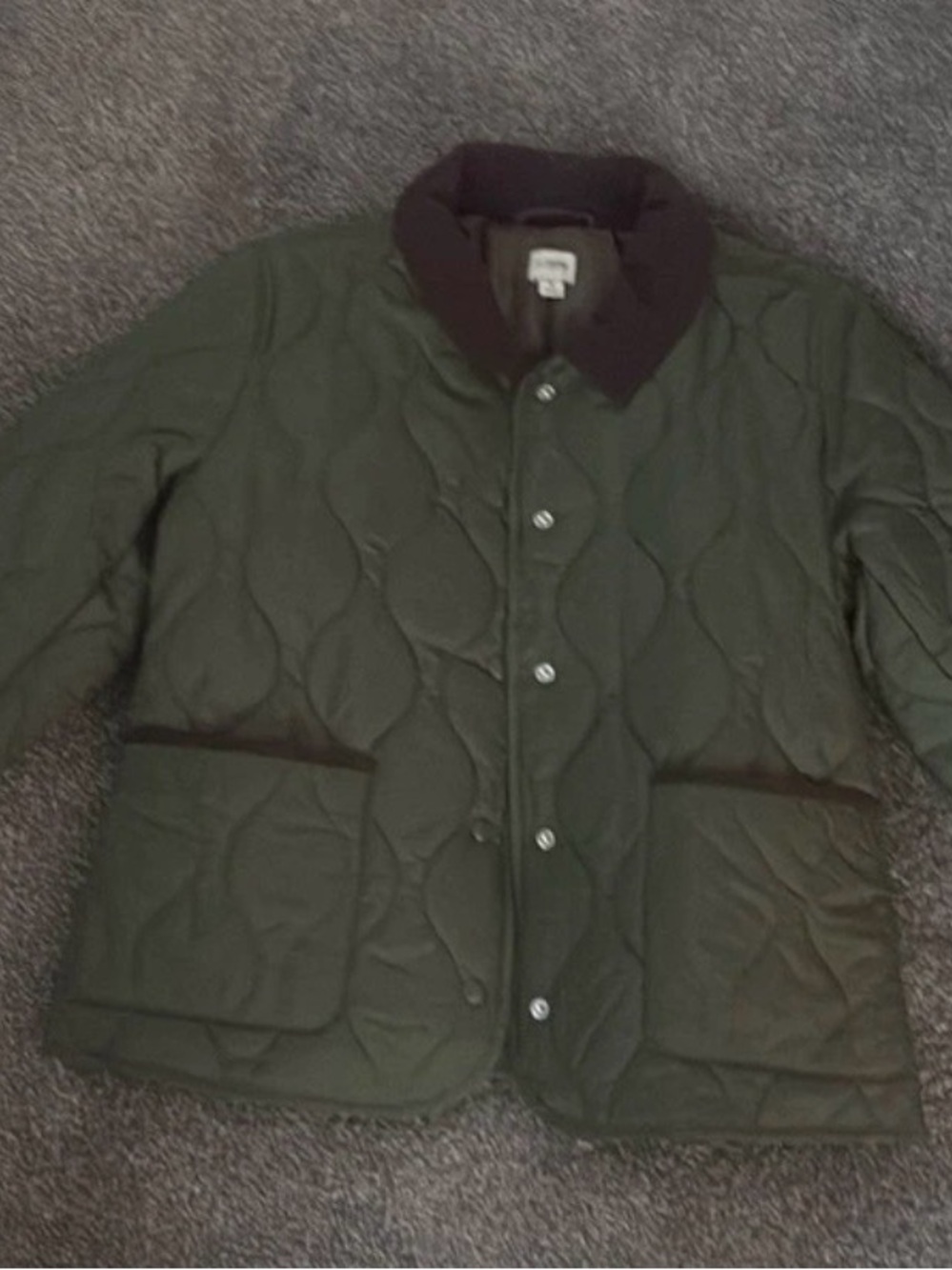 J. Crew Quilted Olive Green Jacket with Dark Brown Collar